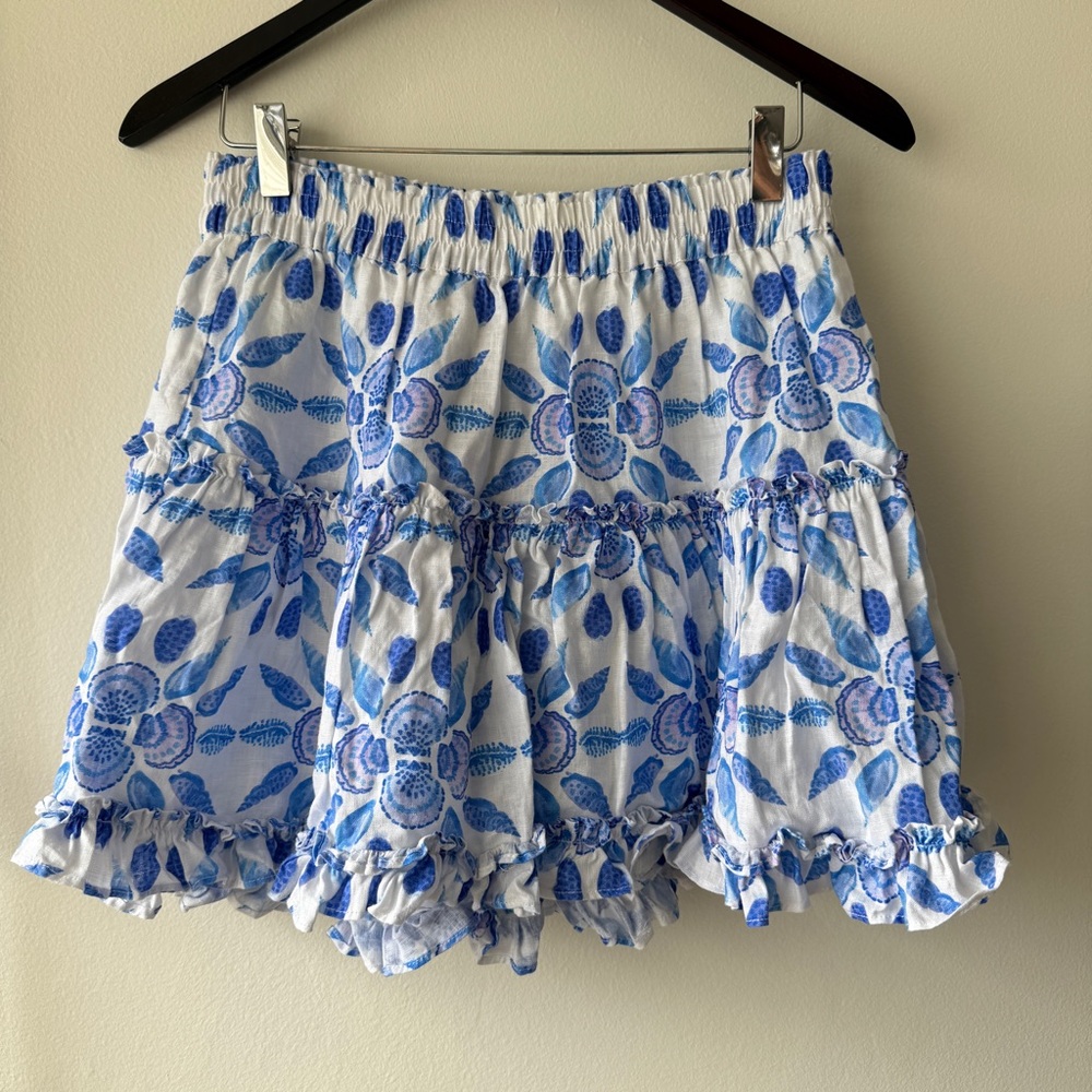 Hill House Home Linen cotton Paz Skirt in Blue Shell Mosaic sea pattern